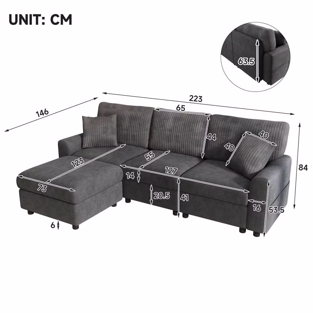 Merax Reversible L-Shape Chenille Corner Sofa with Matching Ottoman and USB Charging Ports in Grey – 2