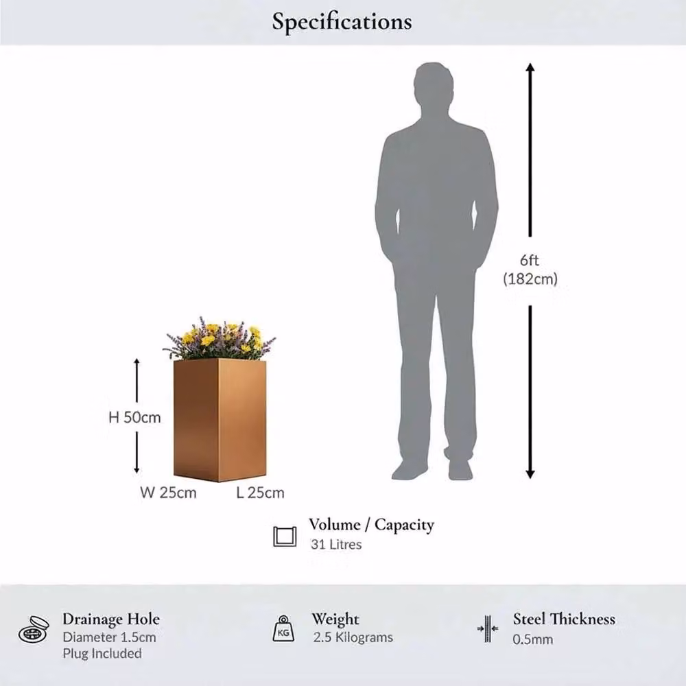 Access Garden Products Tall Square Galvanised Steel Planter in Copper/Bronze, Height: 50 cm – 2