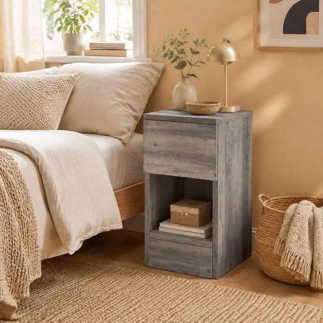 STILVORA Set of 2 Grey Modern Bedside Tables with Drawer and Shelf