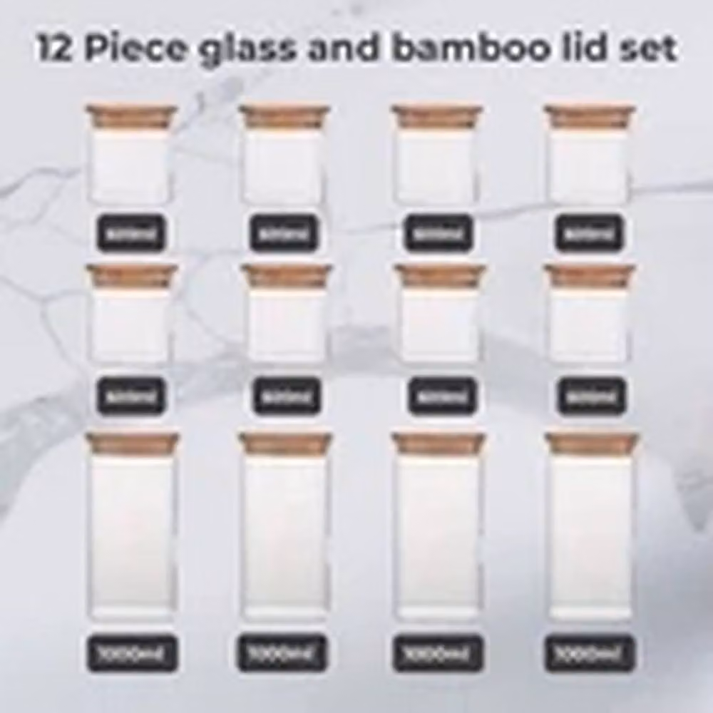 Havendro 12-Piece Set of Square Airtight Glass Storage Jars with Bamboo Lids in Clear – 2