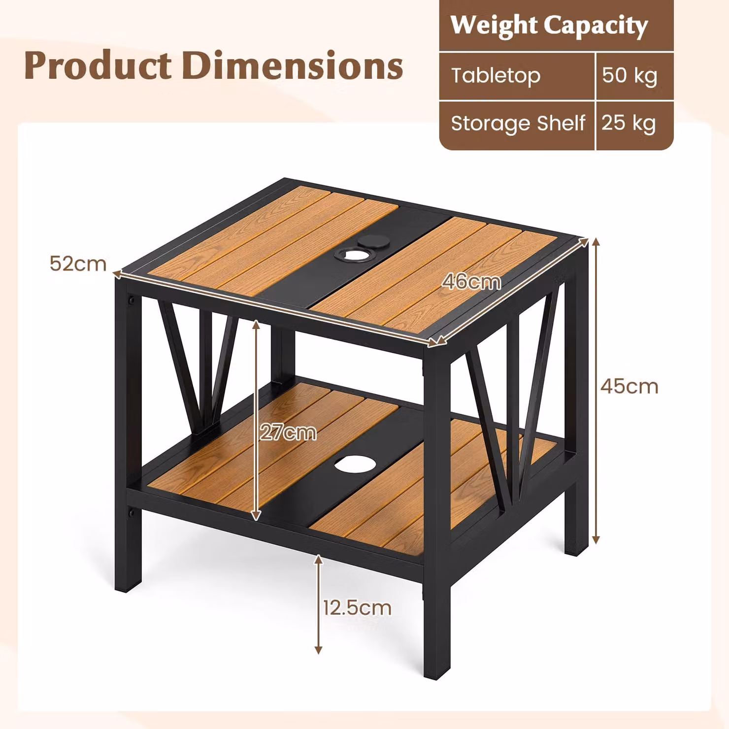 Gymax 2-Tier Metal Small Patio Coffee Table and Garden Side Table in Khaki, W/D/H: 52 x 46 x 45 cm – 2
