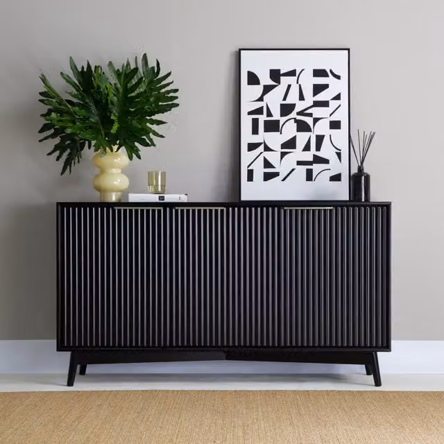 Home Garden Direct Monza 3 Door Black Rubberwood Sideboard with Fluted Detailing