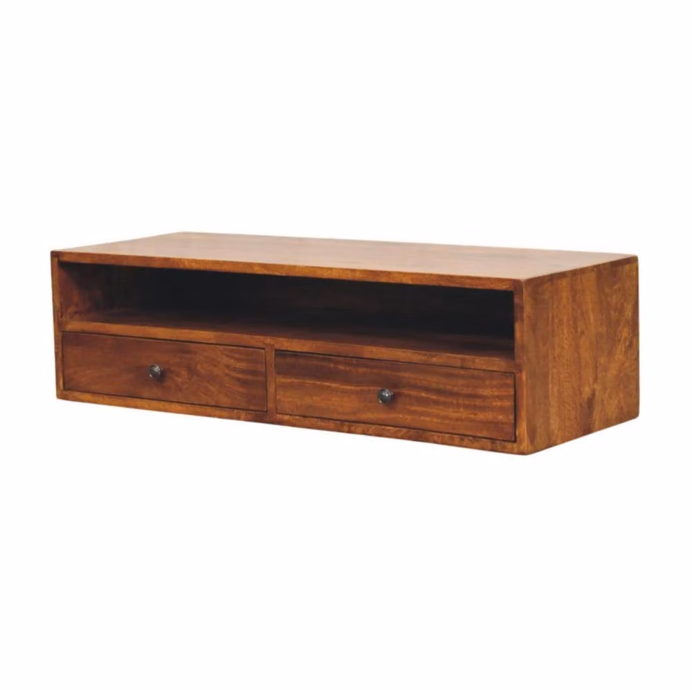 STILVORA Modern Wall Mounted Mango Wood Media Unit with 2 Drawers and Shelf in Brown – 2