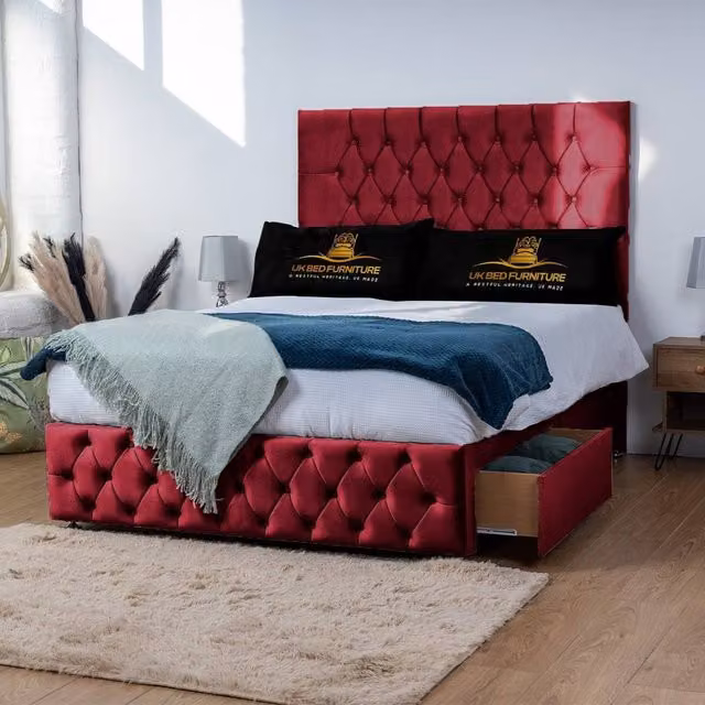 UK Bed Furniture Monaco Divan Bed with 2 Drawers and 26 Inch Headboard, Red Velvet Upholstered, W/D/H: 180 x 200 cm – 1