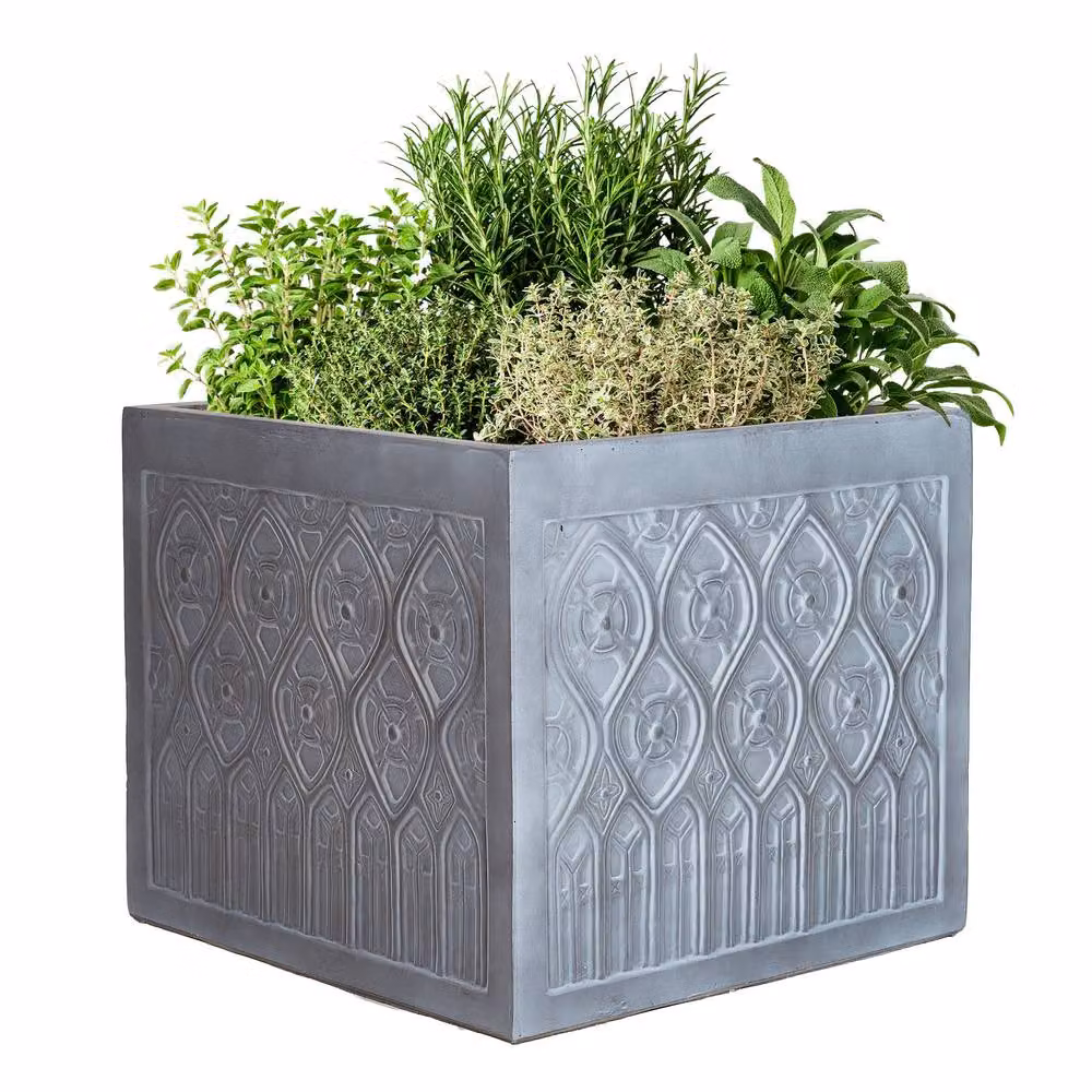 Dibor Grey Medium Embossed Fibreclay Outdoor Garden Planter Pot W: 40.0 cm, D: 35.5 cm, H: 40.0 cm – 2