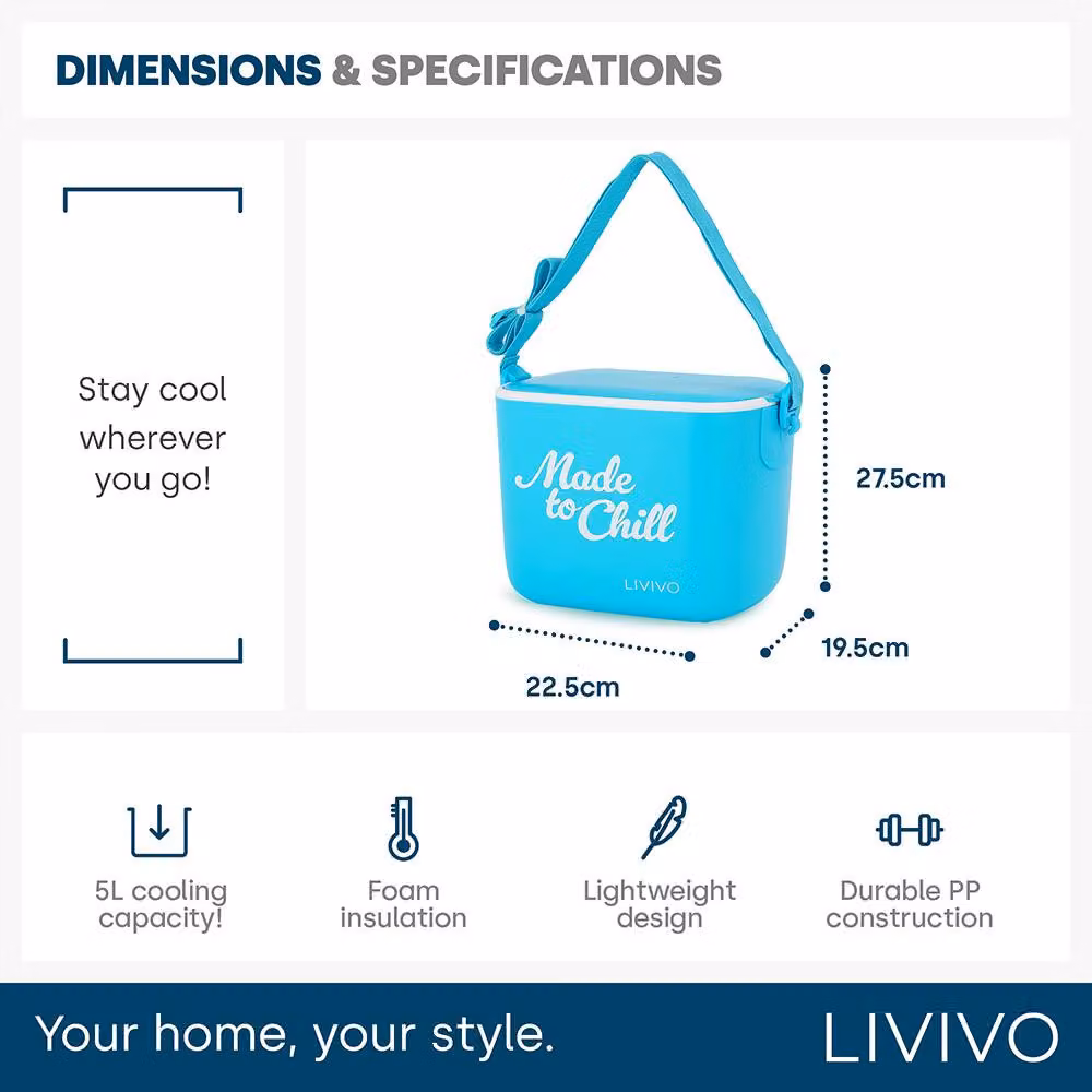 LIVIVO Lightweight Portable 5 l Foam Insulated Cool Box with Carrying Strap, Blue – 5