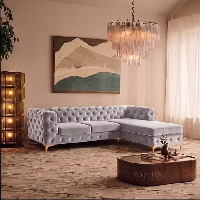 Sofaya Monaco Chesterfield 3 Seater L-Shaped Sofa with Right Hand Chaise in Light Grey Velvet