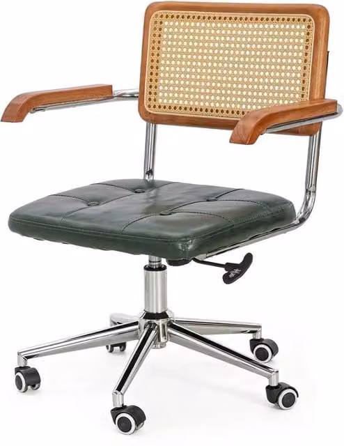 KORVIXA Modern Walnut Cane Backrest Office Task Chair with Armrests in Green and Multicolour