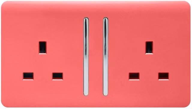 Trendi Flush 2 Gang 13 Amp Switched Plug Socket in Red and Chrome