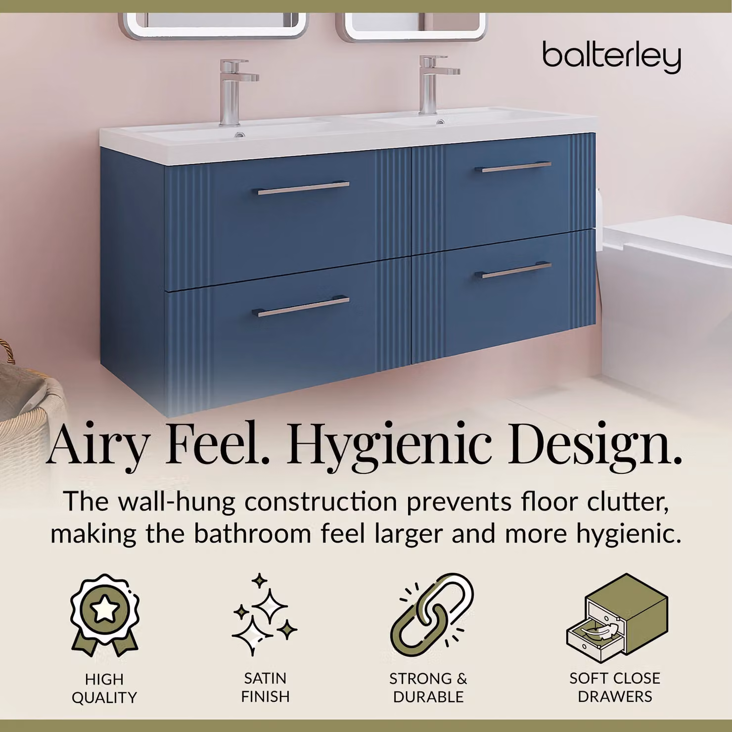 Balterley Wall Hung 4 Drawer Vanity Unit with 2 Polymarble Basins, Satin Blue, W: 120 cm – 3