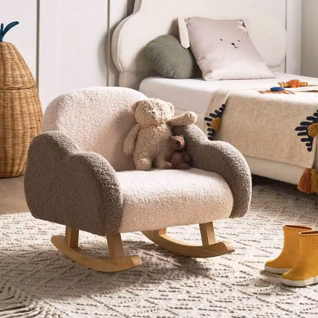 Wyld and Coco Kids Bouclé Rocking Chair in Beige with Cloud Armrests and Solid Rubberwood Legs