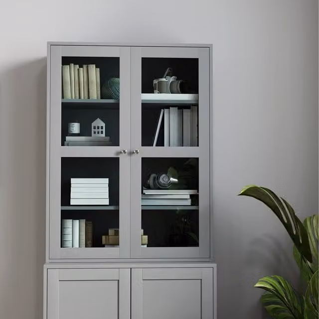 HOMCOM Modern Grey Bookcase with Glass Doors and Internal Shelves