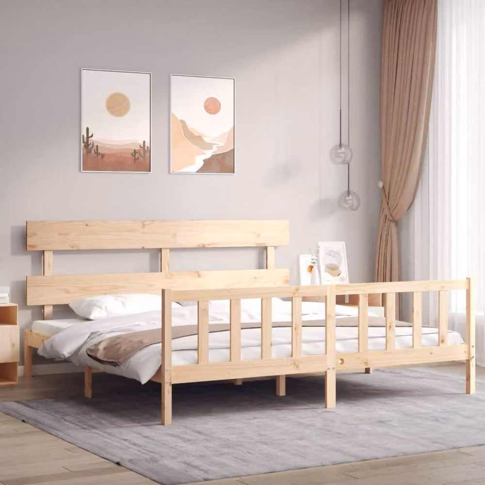 Berkfield Home Solid Wood Bed Frame with Headboard in Beige, W/D/H: 200 x 200 cm – 2