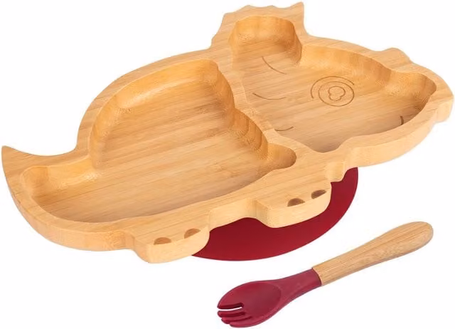 Tiny Dining Bamboo Dinosaur Baby Weaning Plate and Fork Set in Red