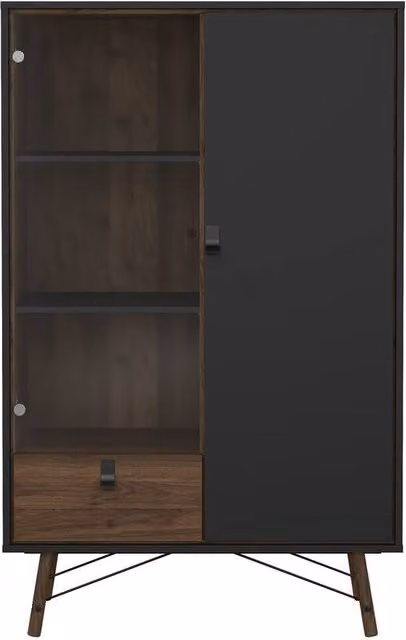 CALICOSY Joyce 2-Door Display Cabinet with Glass Door and Drawer in Walnut, H 161.8 cm x W 40.1 cm x D 66.6 cm