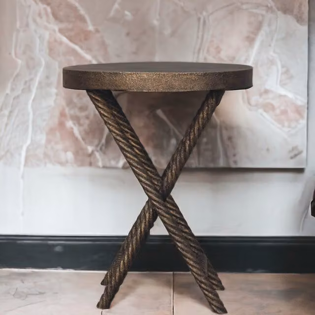 Artisan Furniture Modern Round Mango Wood Side Table with X-Frame Metal Base in Silver, Brown or Bronze