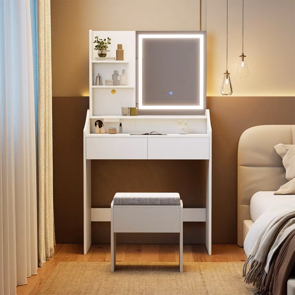 Costway Modern Wooden Vanity Desk Set with Hollywood LED Mirror and Storage Stool in White – 3