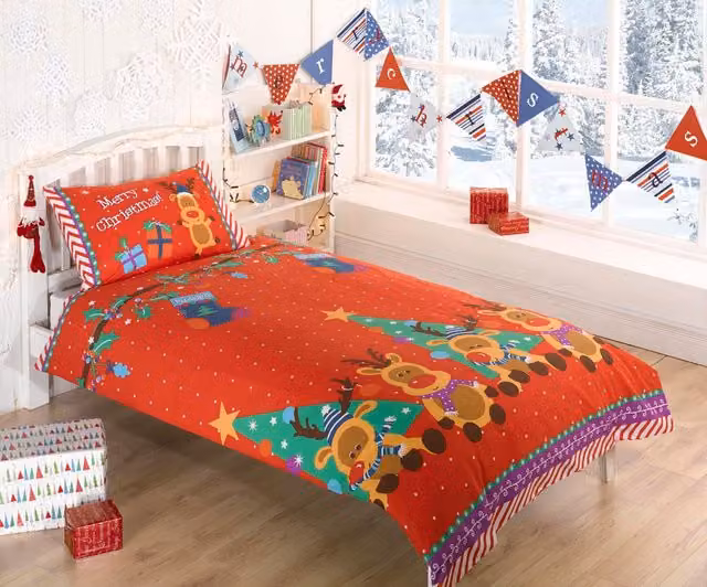 Rapport Home Rudolf Reindeer Kids Christmas Duvet Cover and Pillowcase Set in Red, Double, W: 200 cm, L: 220 cm
