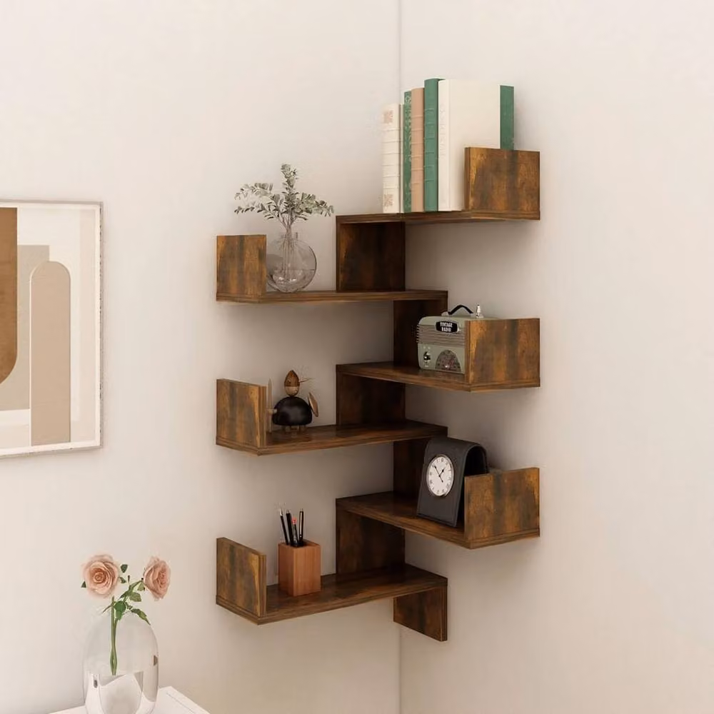 Berkfield Home Wall Mounted Corner Shelves, 2 Piece Set in Smoked Oak Brown, W/D/H: 40 x 40 x 50 cm – 2