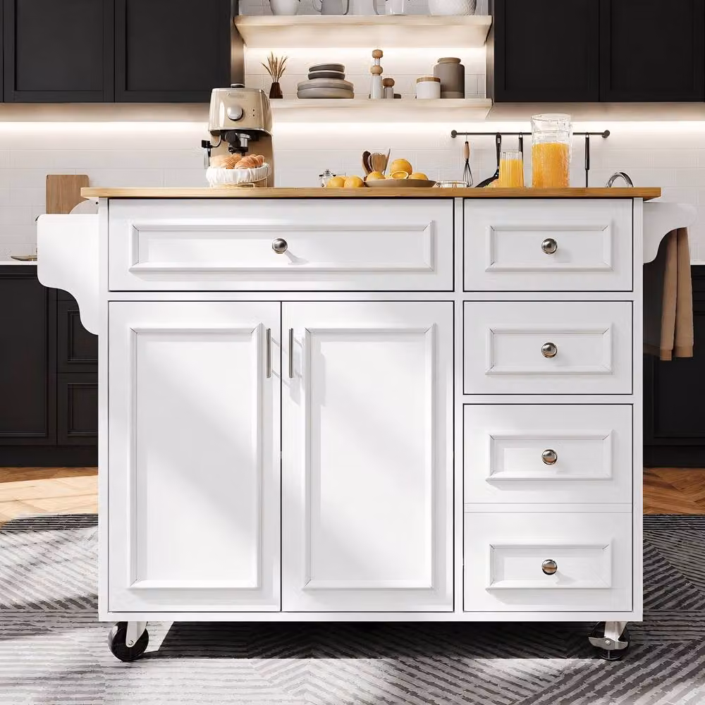 Merax Mobile Kitchen Island Serving Trolley with Foldable Worktop and 4 Drawers, White, W/D/H: 92 x 75 x 110 cm – 4