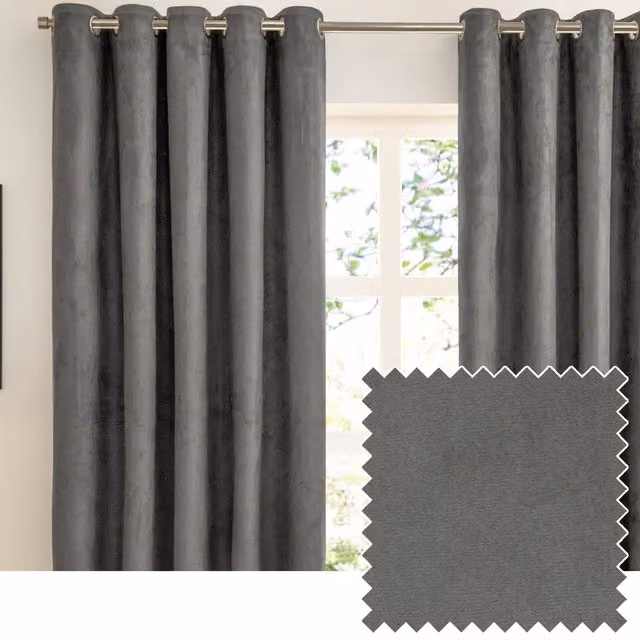 Furn Verso Suede-Look Blackout Eyelet Curtain Pair in Anthracite, Width: 137 cm, Drop: 168 cm