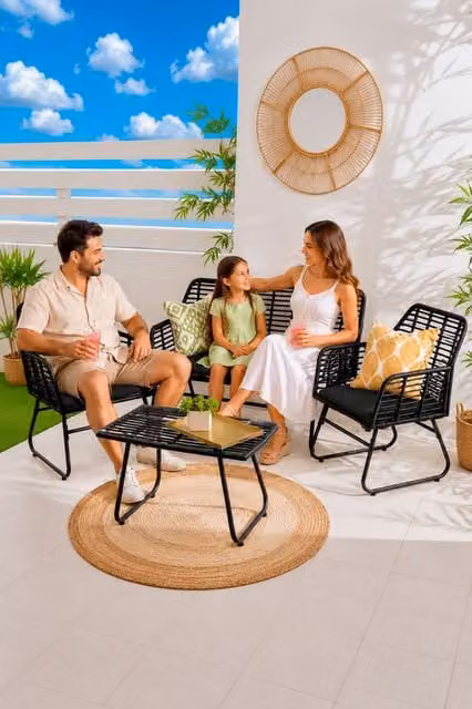 Neo 4 Piece Wicker Bamboo Style Garden Sofa, Table and Chairs Set in Black