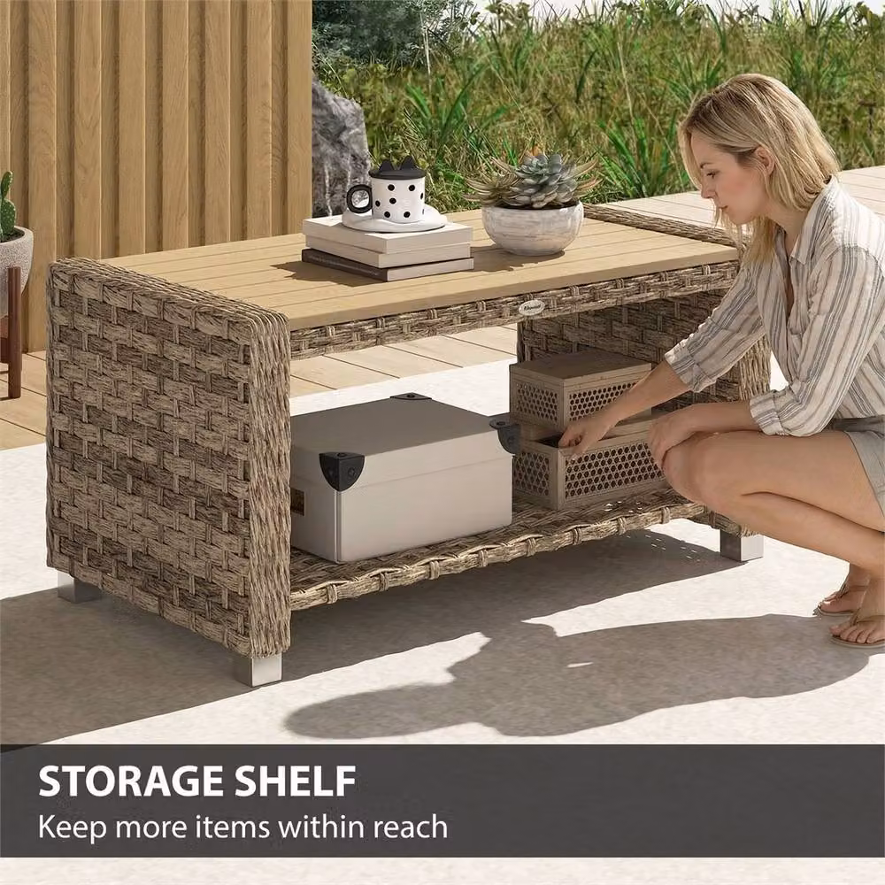 EONLION Brown Rattan Outdoor Side Table with Storage Shelf, Width: 100 cm – 4