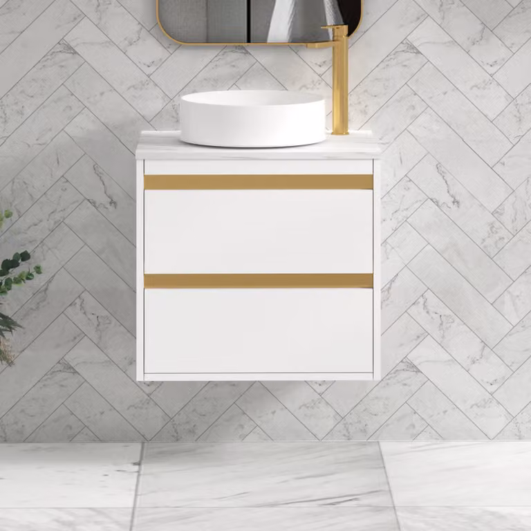 Royal Bathrooms Orion 600mm Matt White Wall Hung 2 Drawer Vanity Unit with Art Basin and Brushed Brass Accent Trim
