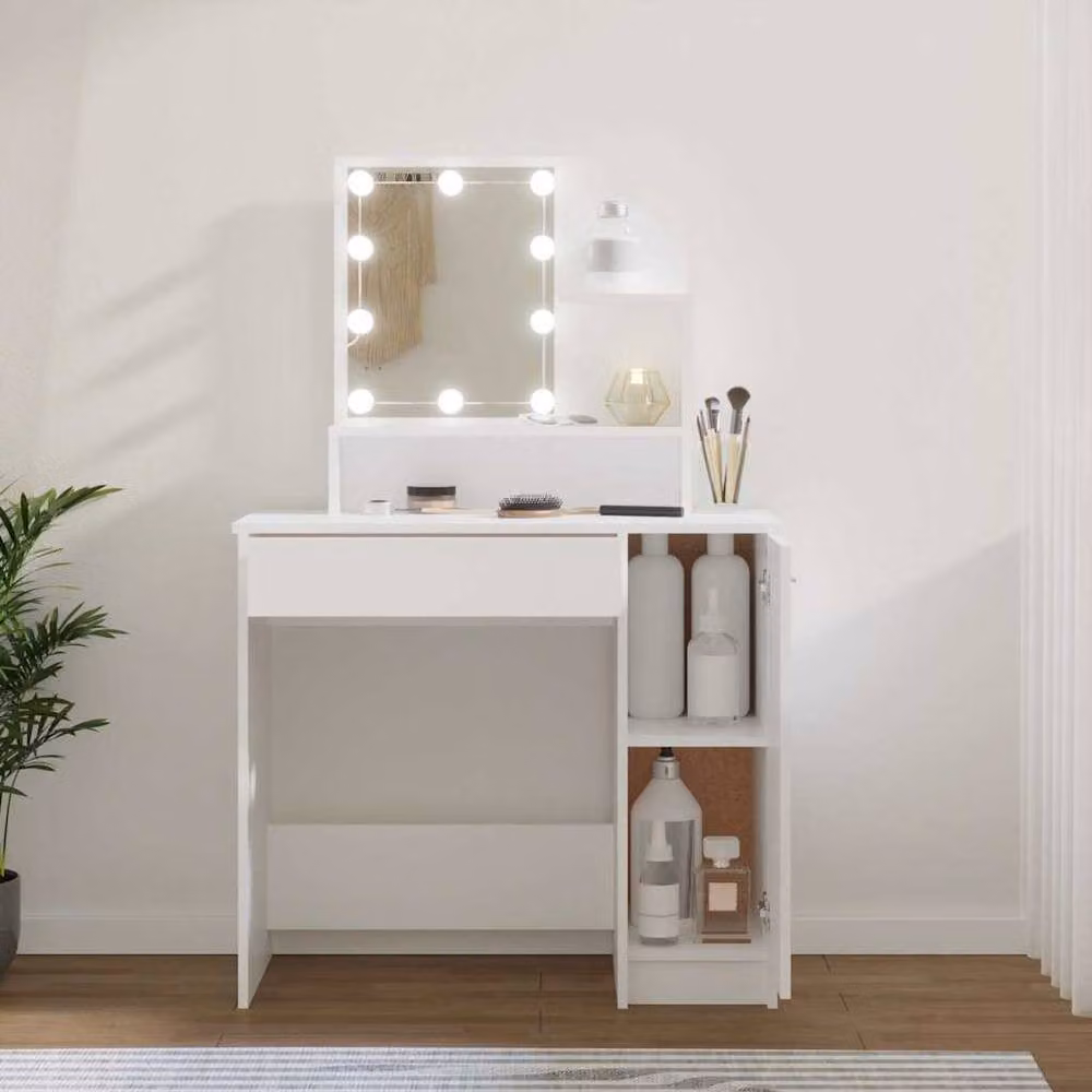 Berkfield Home White Modern Dressing Table with Hollywood LED, W: 86.5 cm, D: 35 cm, H: 136 cm – 2