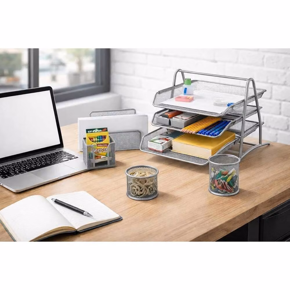 FLAVORA Silver Mesh 3 Tier Office Desk Organiser and 5 Piece Paper Tray Set, W: 100 cm, D: 15 cm, H: 15 cm – 3