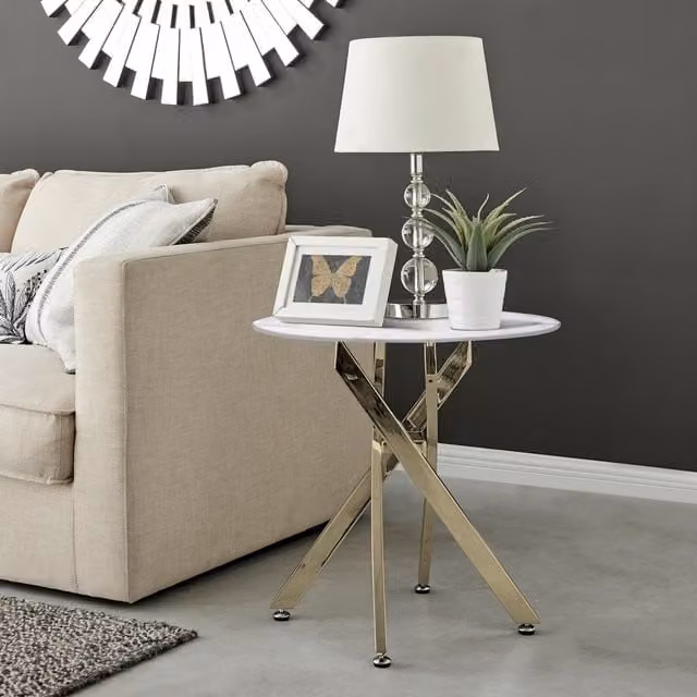 FurnitureboxUK Novara Round Marble Effect Glass Top Side Table with Gold Metal Starburst Legs in White – 1
