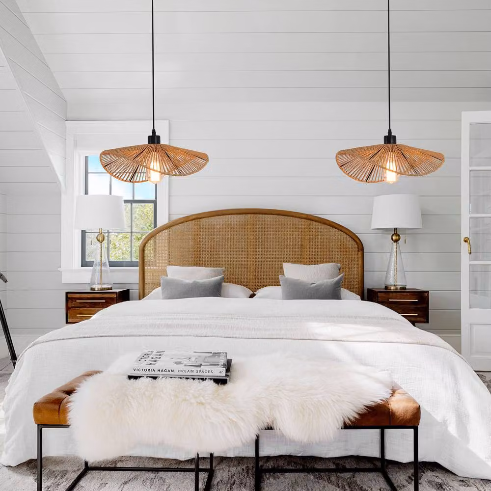 NIVOR Industrial Rattan Pendant Light in Brown, Boho Farmhouse Style for Bedroom – 5
