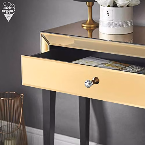 Laguna Rose Gold Mirrored Dressing Table with Glass Design, Drawer and Crystal Handle – 3