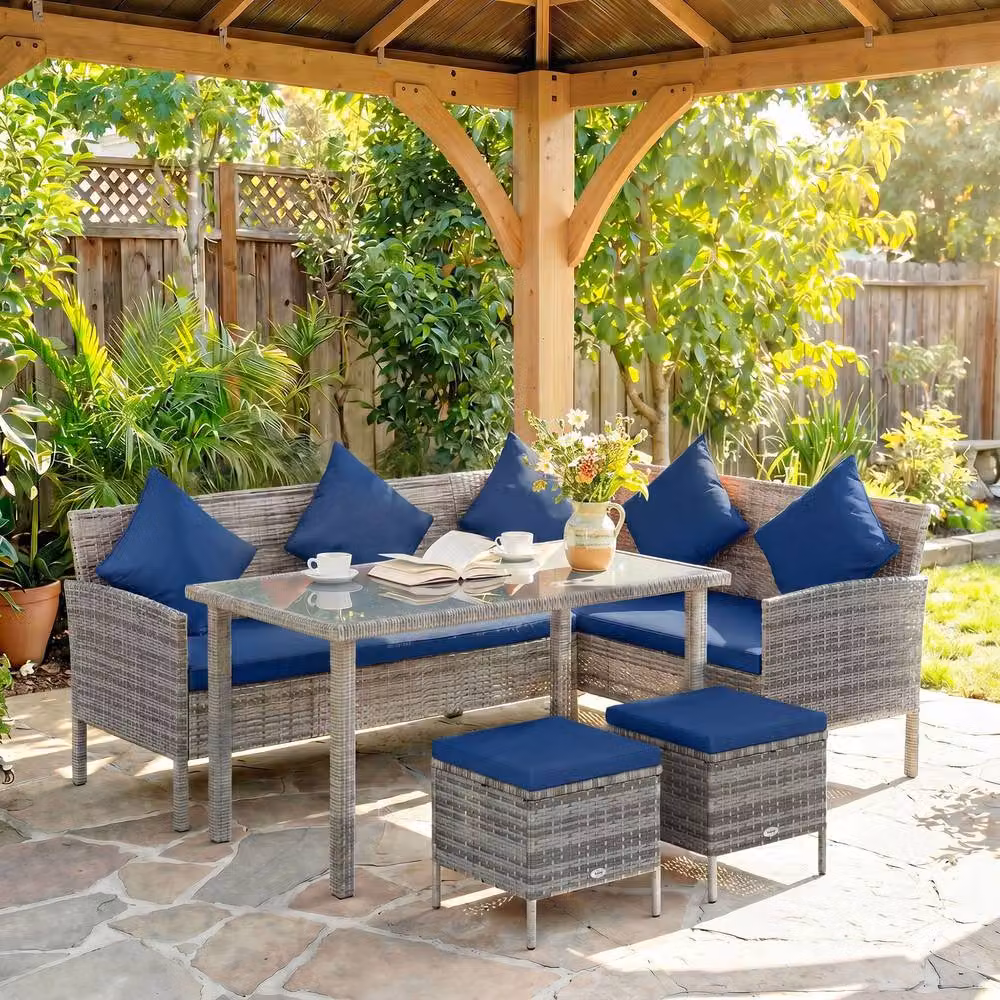 OUTSUNNY 5-Piece L-Shape Rattan Garden Dining Corner Sofa Set with Upholstered Cushions and Coffee Table in Blue – 2