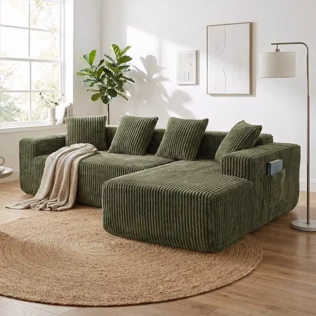 Dprodo 261 cm Modular Right L-Shaped 4 Seater Sectional Sofa in Green Velvet Cord Fabric – 1