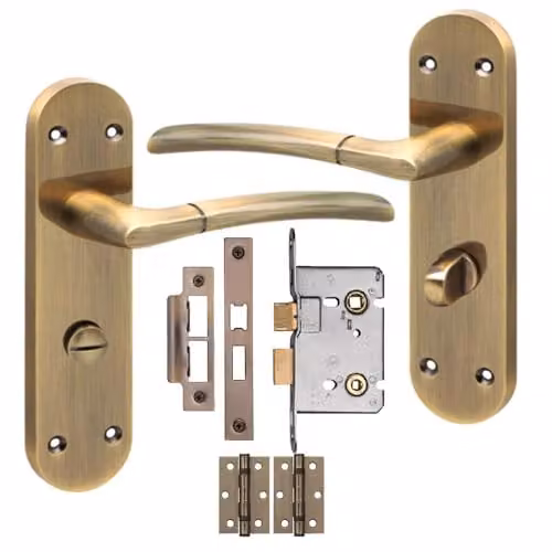 Golden Grace Indiana Victorian Bathroom Door Handle Set with Long Rounded Backplate in Antique Brass