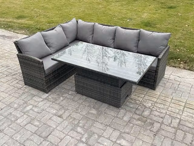 Fimous Rattan Garden Furniture Set with Height Adjustable Rising Lifting Table in Dark Grey Mixed