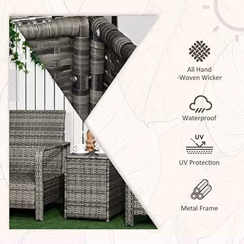 Outsunny 3 Piece PE Rattan Bistro Set with Storage Coffee Table and Chairs in Mixed Grey and Orange – 3