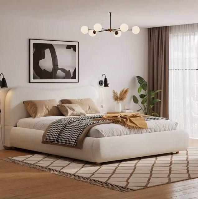 Merax Double Boucle Fabric Ottoman Storage Bed Frame with Curved Headboard, White, W/D/H: 135 x 190 cm – 1
