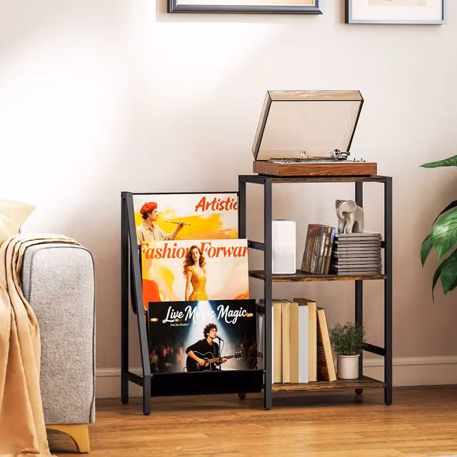 HOMCOM 3-Tier Industrial Record Player Stand and Vinyl Storage Side Table in Brown – 1