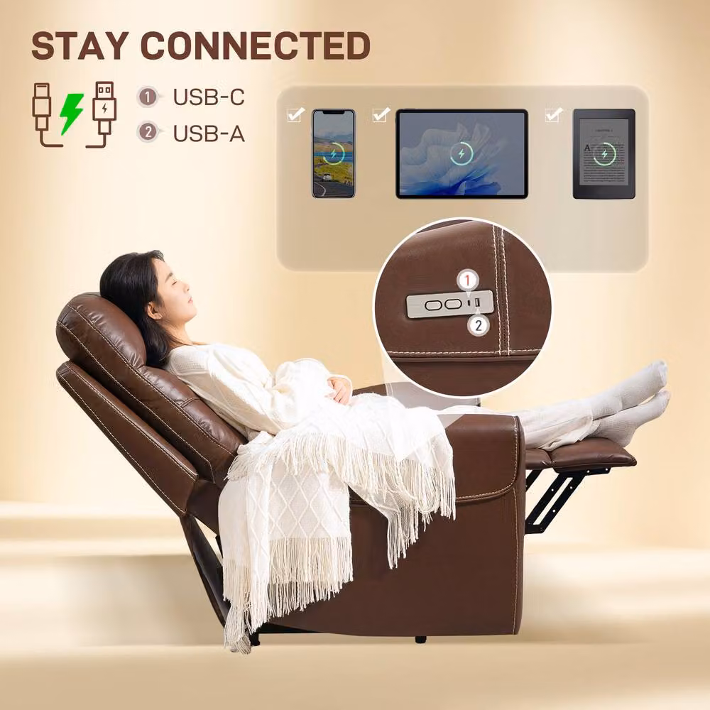 STILVORA Brown Synthetic Leather Recliner Armchair with USB-A and USB-C Ports – 7