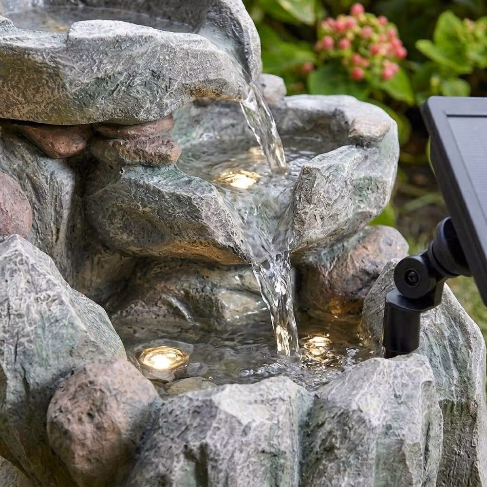 Garden Greatness Solar Rock Fall Water Feature in Grey, Stone Effect Polyresin Cascade, W/D/H: 40 x 46 x 51 cm – 2