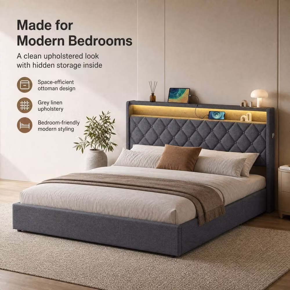 STILVORA Grey Upholstered 4ft6 Double Ottoman Bed with LED Lighting and USB Charging Station, W/D/H: 140 x 200 cm – 3