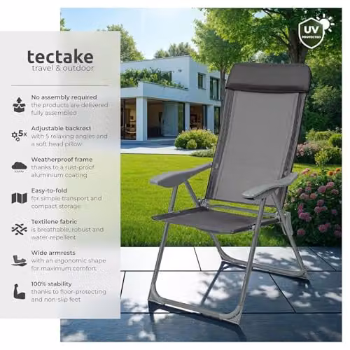 tectake Set of 4 Folding Garden Chairs with Adjustable Backrest and Head Cushions in Anthracite Grey – 4