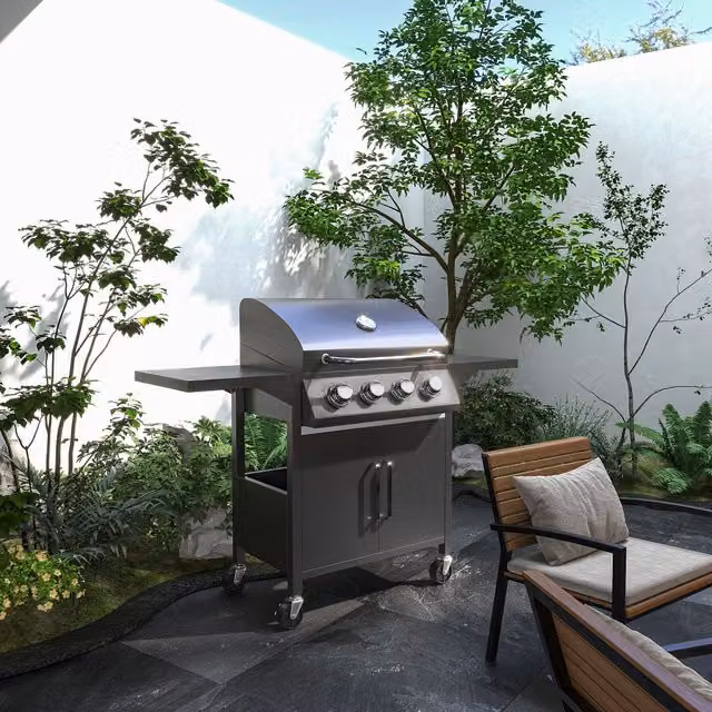 Outsunny 4 Burner Gas BBQ Grill with Warming Rack and Thermometer, Black