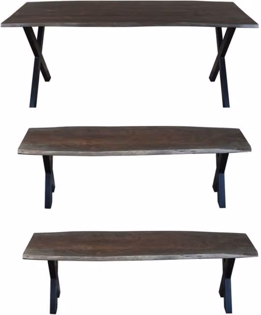 IH Design Live Edge Acacia Wood Dining Table Set with 2 Benches in Grey and Brown