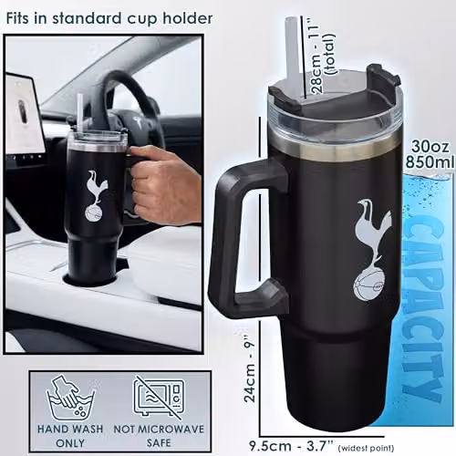 Get Trend Tottenham Hotspur Insulated Stainless Steel Tumbler with Straw and Handle, Black, 850ml – 5