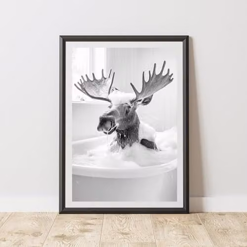 60 Second Makeover Moose In The Bath Animal Print Paper Poster, A4, Multicolour