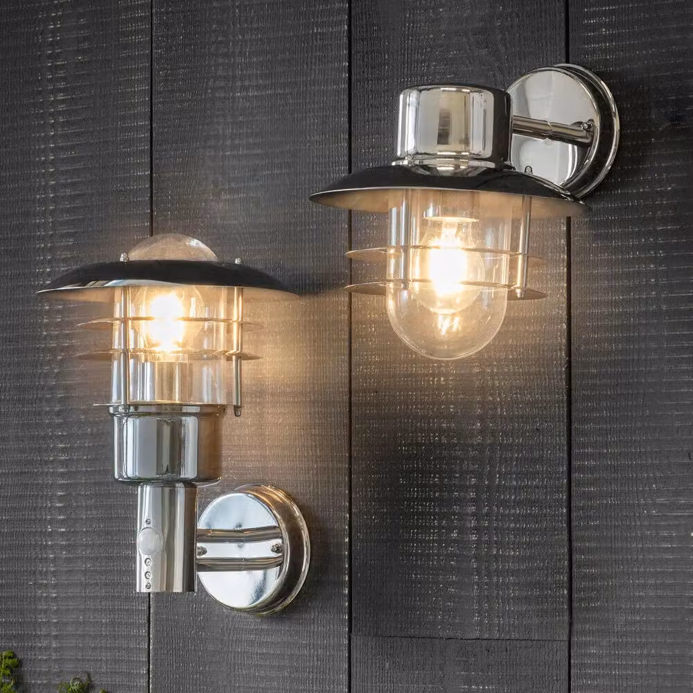 Loops IP44 Outdoor Wall Lamp in Silver Stainless Steel with Transparent Glass Caged Lantern and Motion Sensor – 2