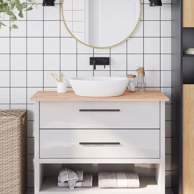 Berkfield Home Brown Solid Beech Wood Bathroom Countertop, W: 100 cm, D: 60 cm, H: 1.5 cm – 1